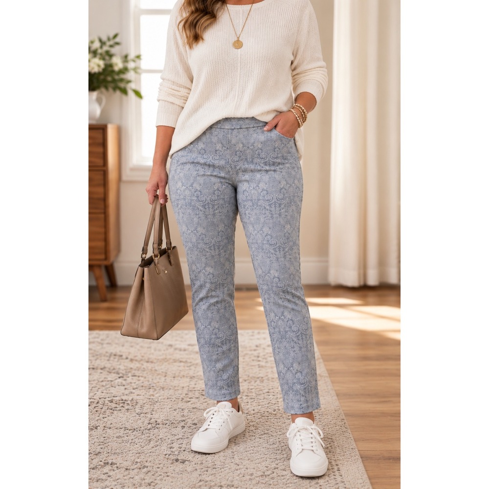 Attyre New York Pants Womens 14 Blue Damask Textured Pull On Straight Leg